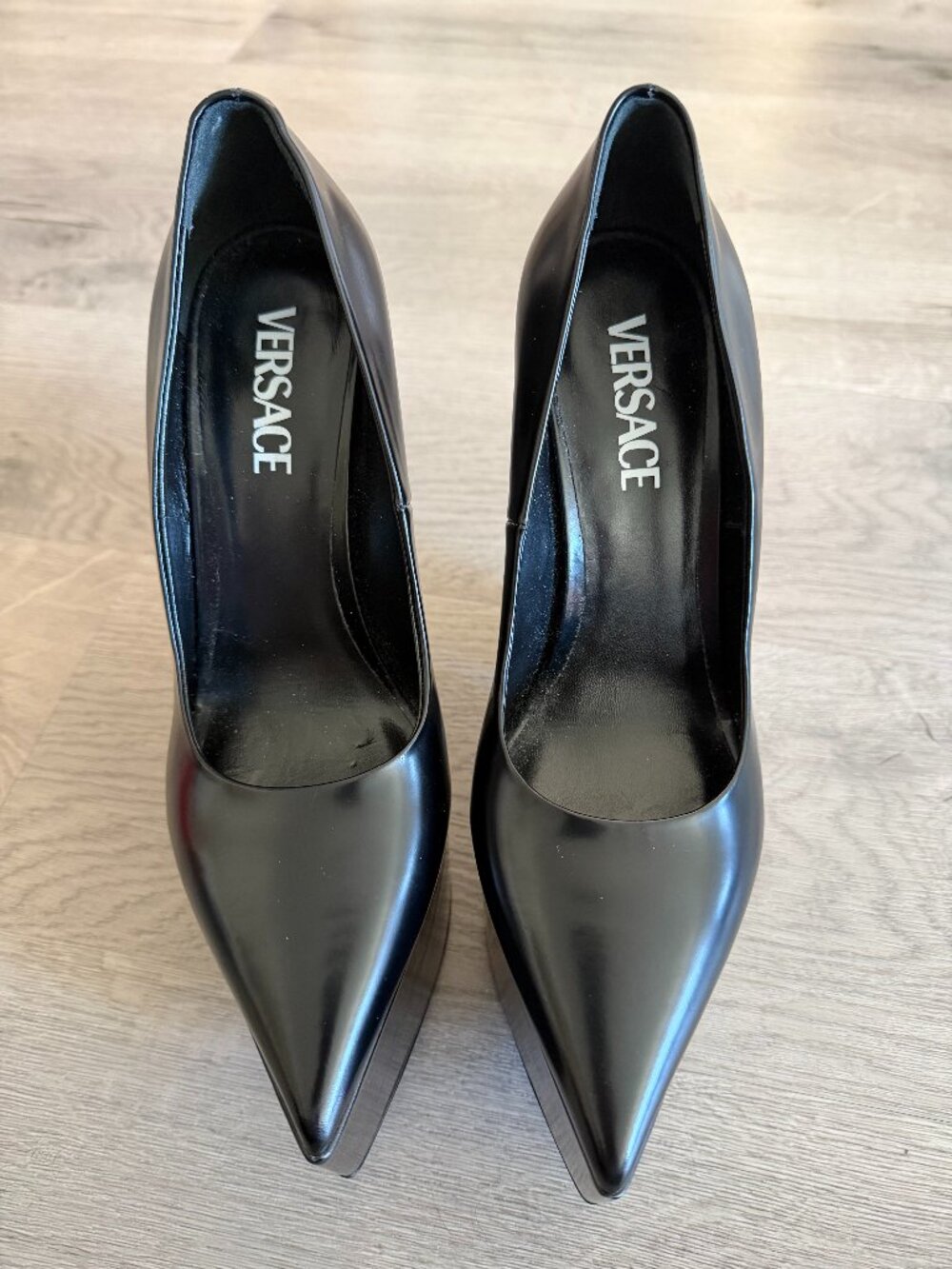 Versace Black Pointed-Toe Platform Wedge Heels, Size 39